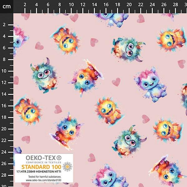 Baumwolljersey Kleine Monster Bunt auf Zartrosa